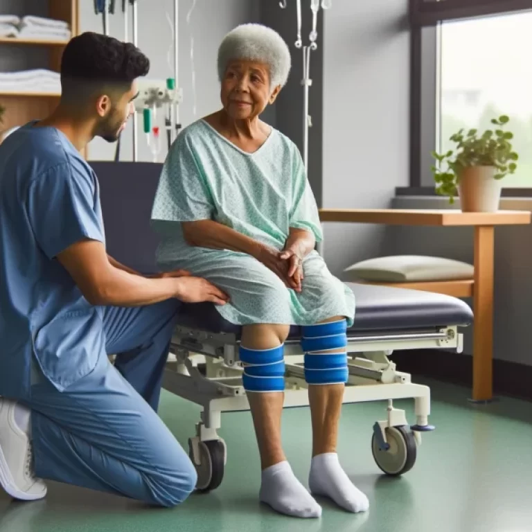 DALL·E-2024-05-07-04.47.40-A-hospital-rehabilitation-room-scene-showing-a-patient-speaking-to-their-physiotherapist-post-surgery.-The-patient-an-elderly-African-American-woman-1024x585